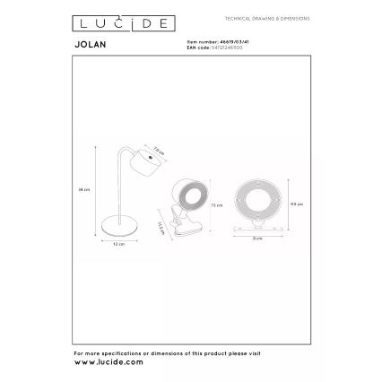 Lucide 46619/03/41 - LED Stlmiteľná nabíjacia stolová lampa JOLAN LED/3,5W/5V 1200 mAh