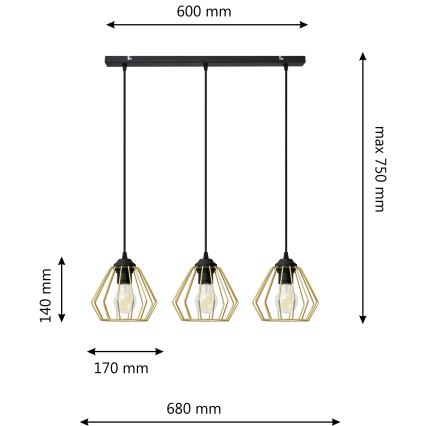 Luster na lanku AGAT 3xE27/15W/230V zlatá/čierna