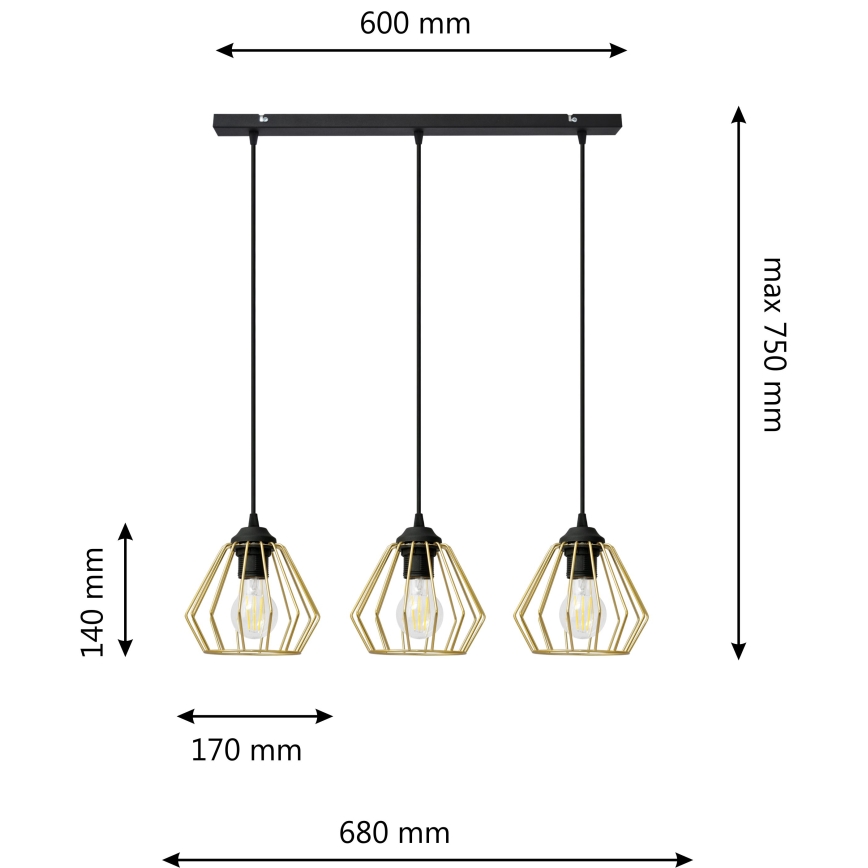 Luster na lanku AGAT 3xE27/15W/230V zlatá/čierna