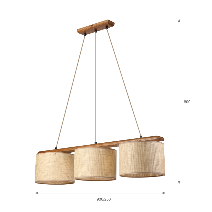 Luster na lanku AIDA 3xE27/15W/230V pr. 25 cm dub/rafia