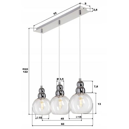 Luster na lanku AKSO 3xE14/40W/230V matný chróm