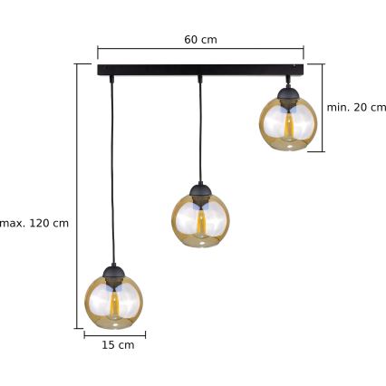 Luster na lanku AMBRE BLACK 3xE27/60W/230V