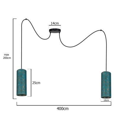 Luster na lanku AVALO 2xE27/60W/230V pavúk tyrkysová/zlatá