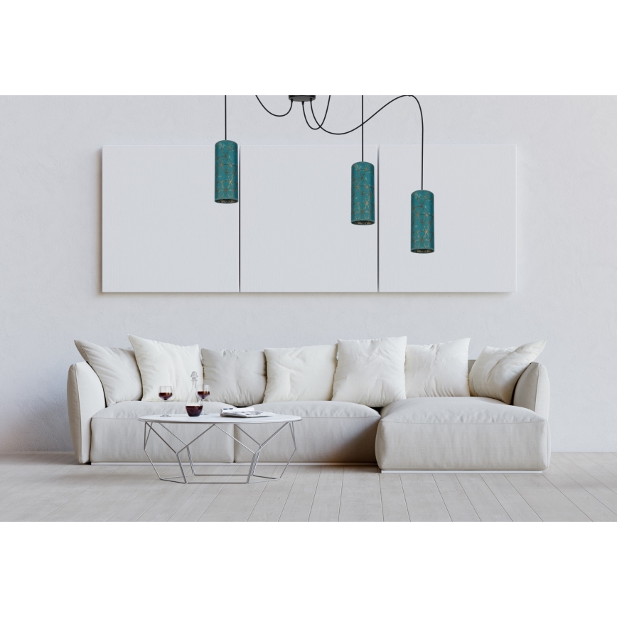 Luster na lanku AVALO 3xE27/60W/230V pavúk tyrkysová/zlatá