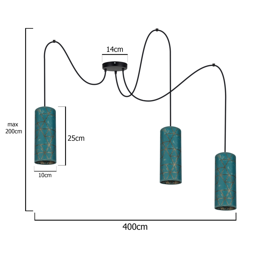 Luster na lanku AVALO 3xE27/60W/230V pavúk tyrkysová/zlatá