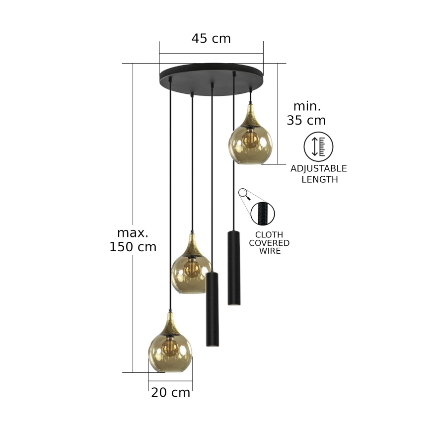 Luster na lanku CALYPSO 2xGU10/60W/230V + 3xE27/60W čierna/zlatá