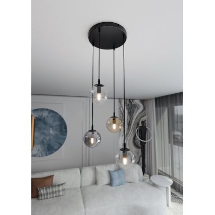 Luster na lanku COSMO 4xE14/10W/230V pr. 40 cm čierna/šedá/béžová/číra