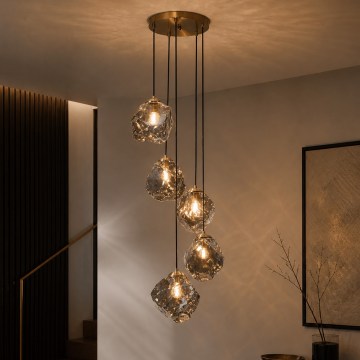 Luster na lanku CRISTAL 5xE14/15W/230V mosadz/dymová čierna