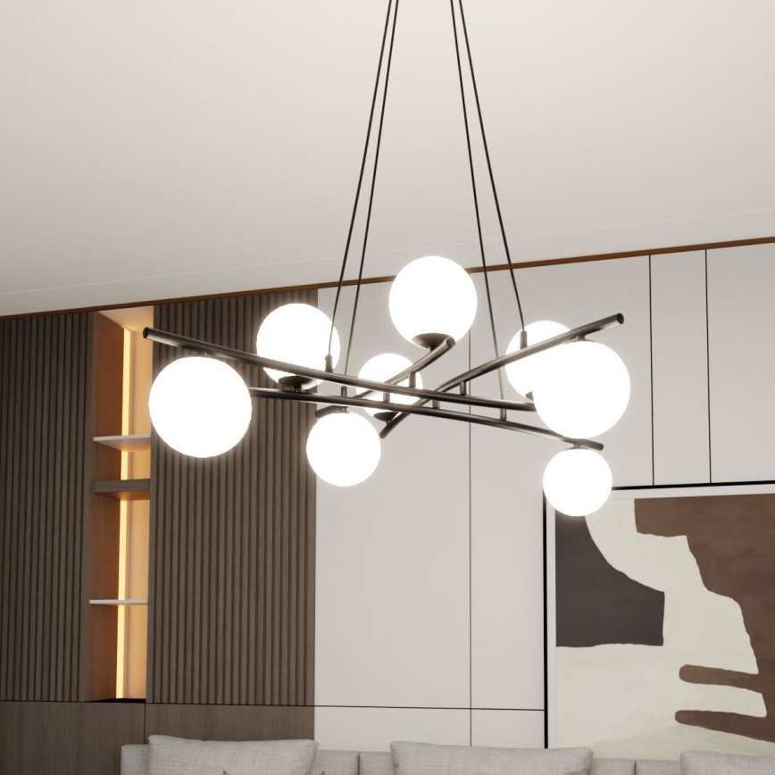 Luster na lanku ESSA 8xE14/10W/230V čierna/biela