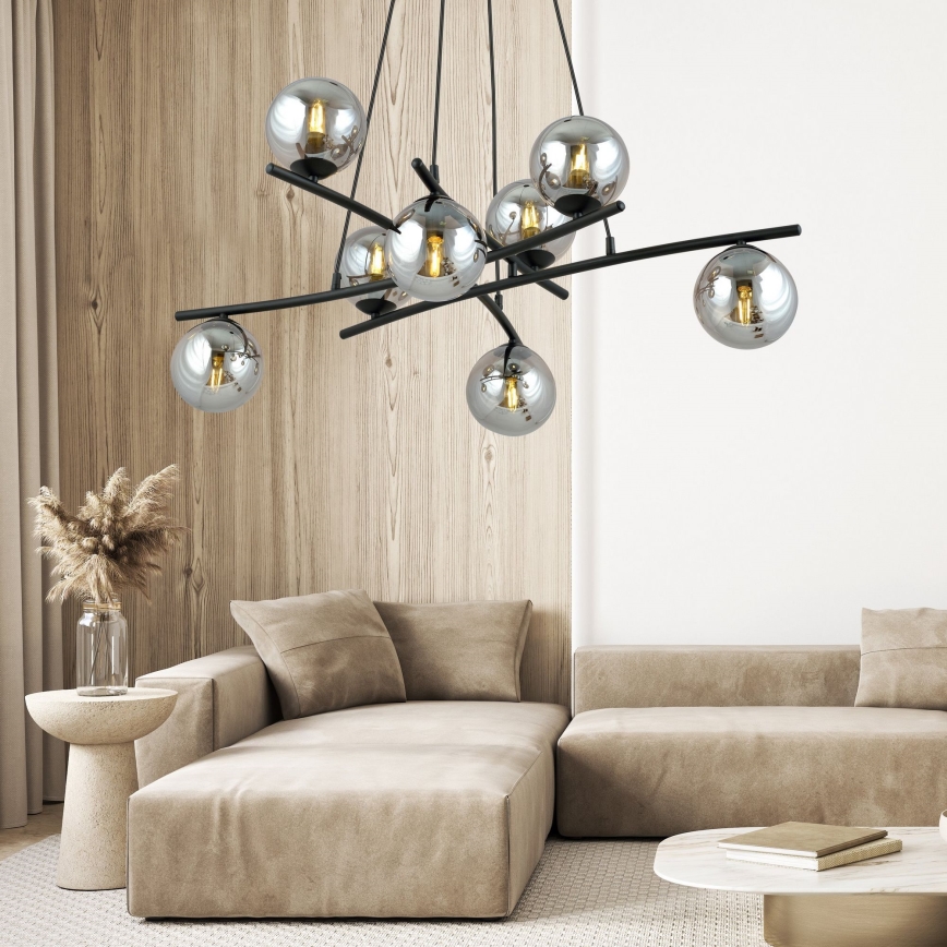Luster na lanku ESSA 8xE14/10W/230V čierna/dymová