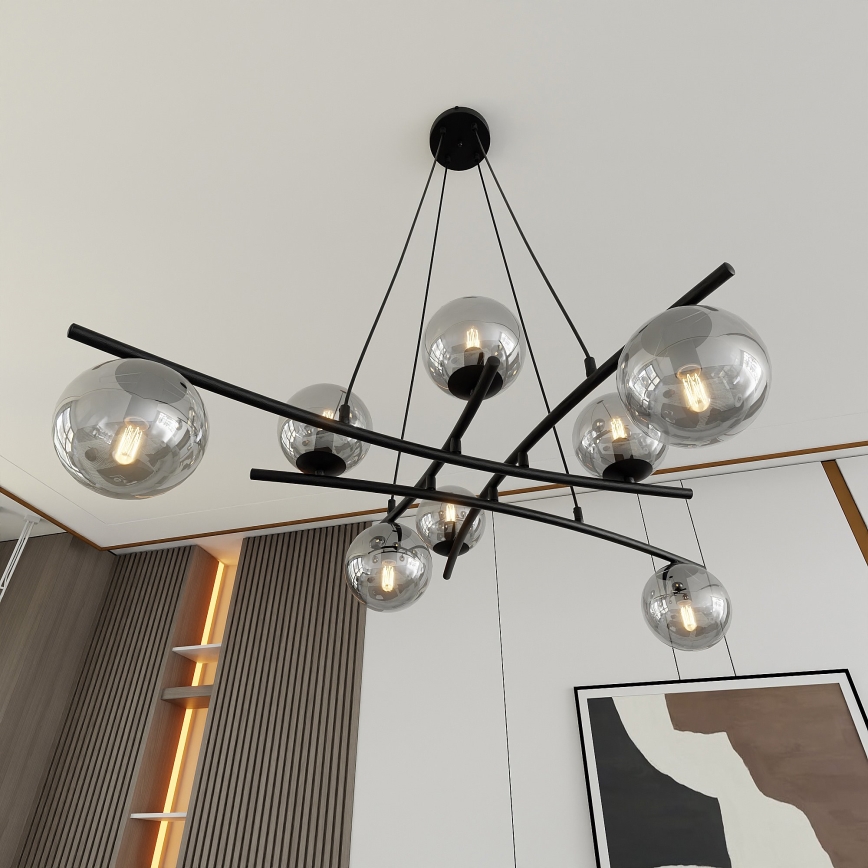 Luster na lanku ESSA 8xE14/10W/230V čierna/dymová