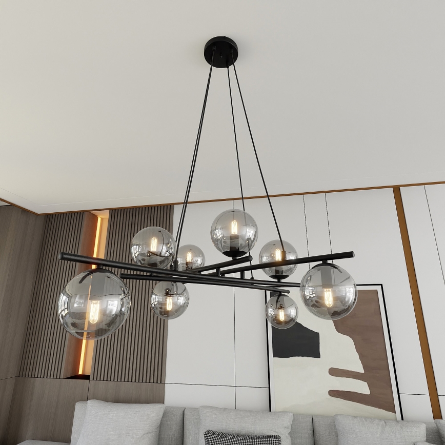 Luster na lanku ESSA 8xE14/10W/230V čierna/dymová