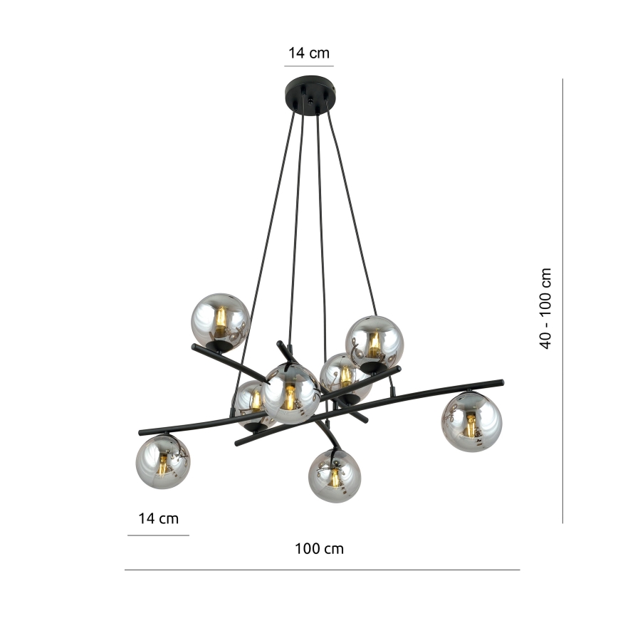 Luster na lanku ESSA 8xE14/10W/230V čierna/dymová