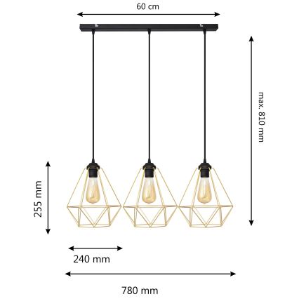 Luster na lanku KARO 3xE27/15W/230V zlatá/čierna