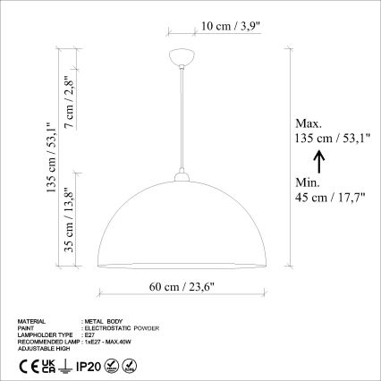 Luster na lanku KURE 1xE27/40W/230V pr. 60 cm šedá