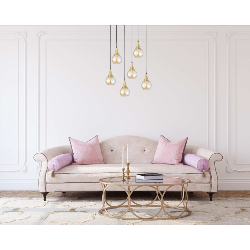 Luster na lanku LACRIMA HONEY 6xE27/60W/230V čierna/zlatá/dymová béžová