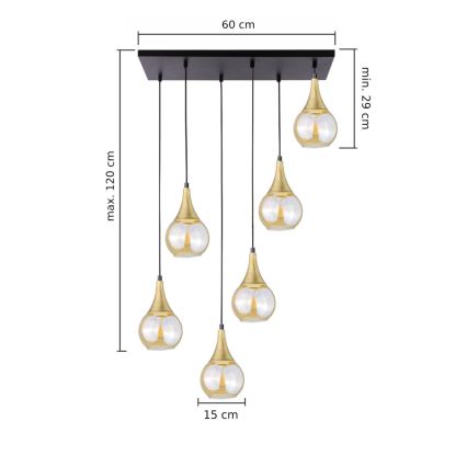 Luster na lanku LACRIMA HONEY 6xE27/60W/230V čierna/zlatá/dymová béžová