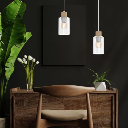 Luster na lanku MADERA 1xE27/60W/230V biela/drevo