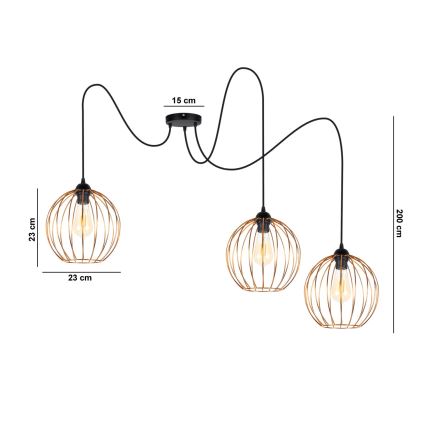 Luster na lanku MATT 3xE27/60W/230V pavúk čierna/medená