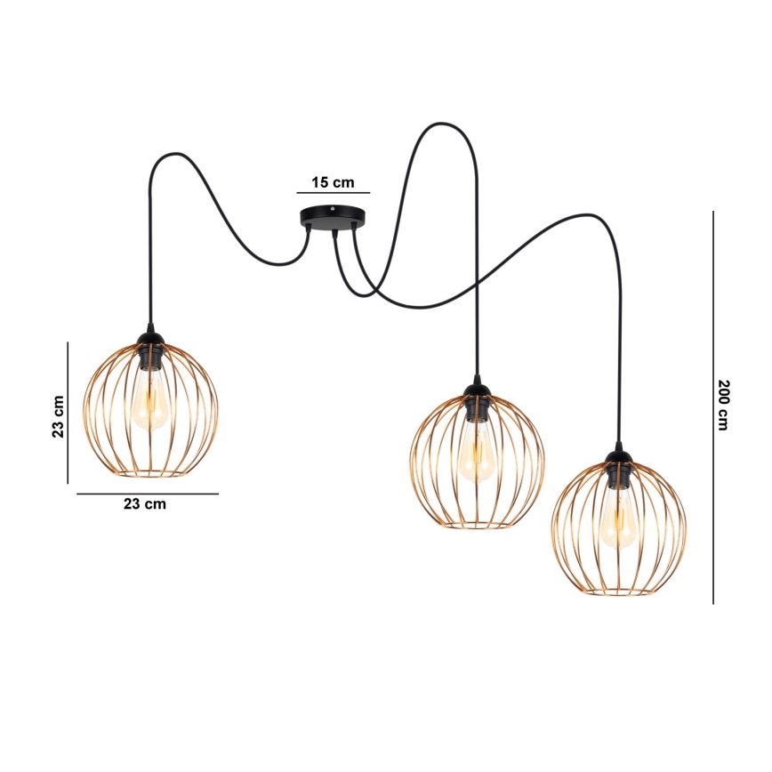 Luster na lanku MATT 3xE27/60W/230V pavúk čierna/medená