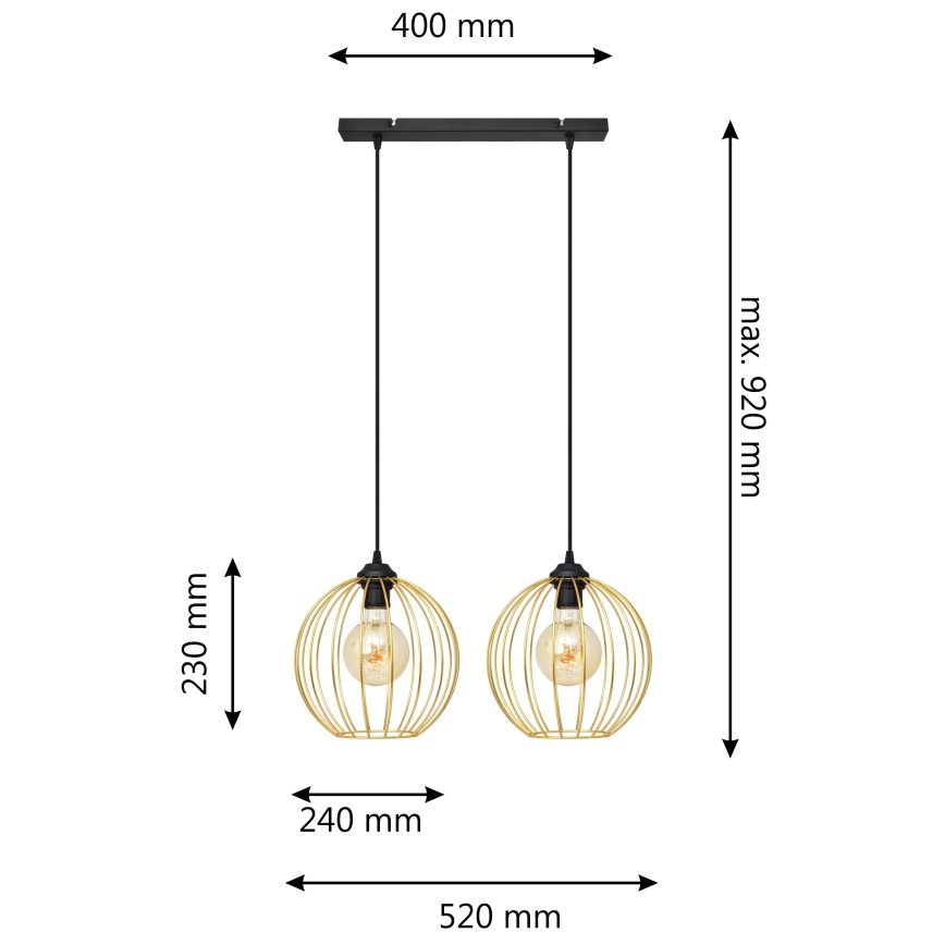 Luster na lanku MERCURE 2xE27/15W/230V zlatá/čierna