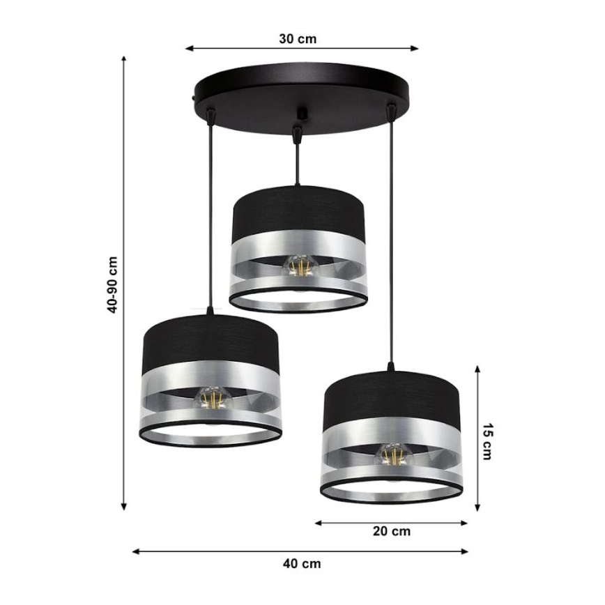 Luster na lanku MILO 3xE27/60W/230V strieborná/čierna