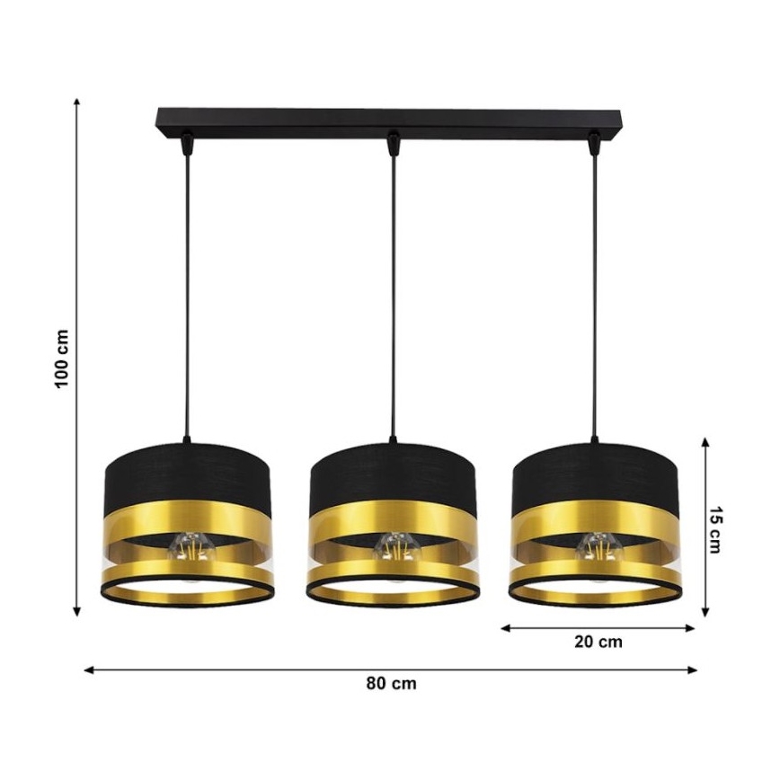 Luster na lanku MILO 3xE27/60W/230V zlatá/čierna