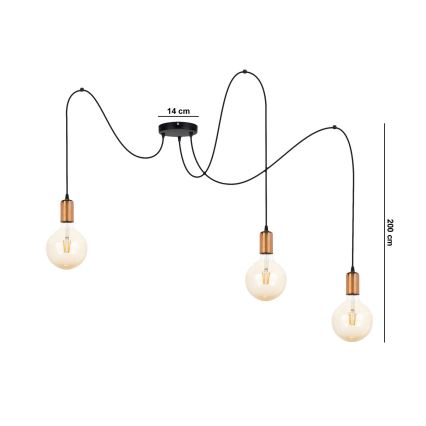 Luster na lanku MIROS 3xE27/60W/230V pavúk čierna/medená
