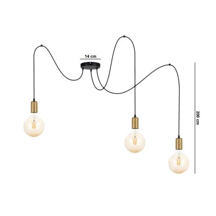 Luster na lanku MIROS 3xE27/60W/230V pavúk čierna/zlatá