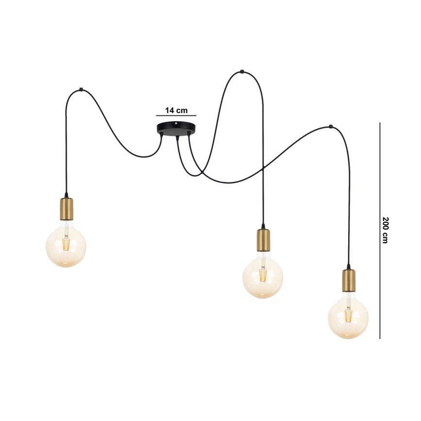 Luster na lanku MIROS 3xE27/60W/230V pavúk čierna/zlatá