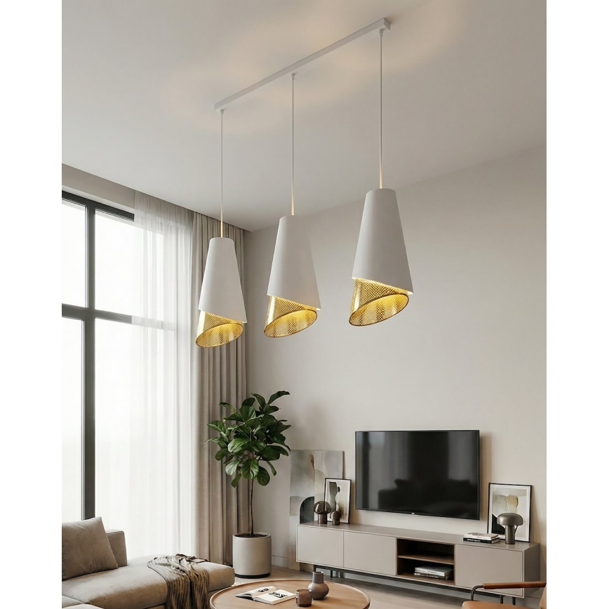Luster na lanku MODA 3xE27/15W/230V biely/zlatý