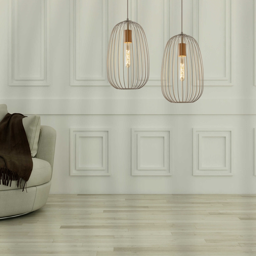 Luster na lanku OVELLA 1xE27/15W/230V, priemer 25 cm, krémová/borovica