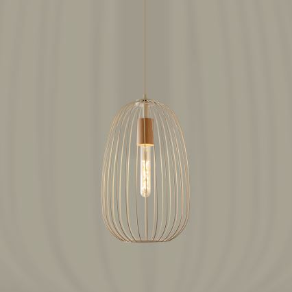 Luster na lanku OVELLA 1xE27/15W/230V, priemer 25 cm, krémová/borovica