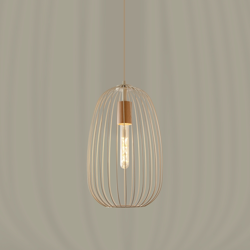 Luster na lanku OVELLA 1xE27/15W/230V, priemer 25 cm, krémová/borovica