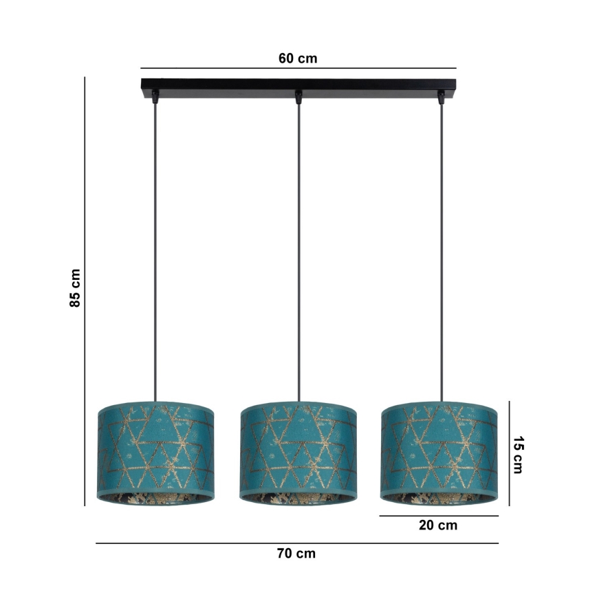 Luster na lanku REZO 3xE27/60W/230V tyrkysová
