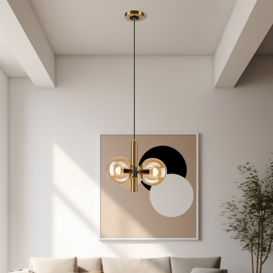 Luster na lanku ROLLO 3xE14/5W/230V zlatá/dymová béžová