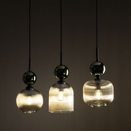 Luster na lanku SOPHIA 3xE14/10W/230V čierna/zelená/dýmová béžová