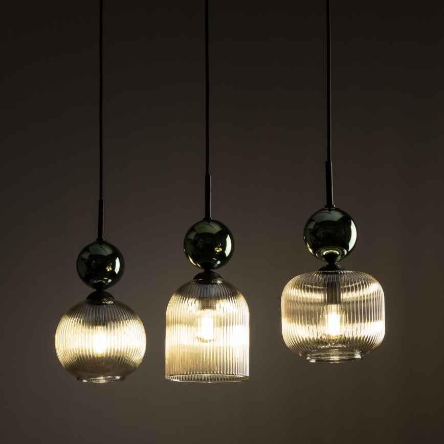 Luster na lanku SOPHIA 3xE14/10W/230V čierna/zelená/dýmová béžová