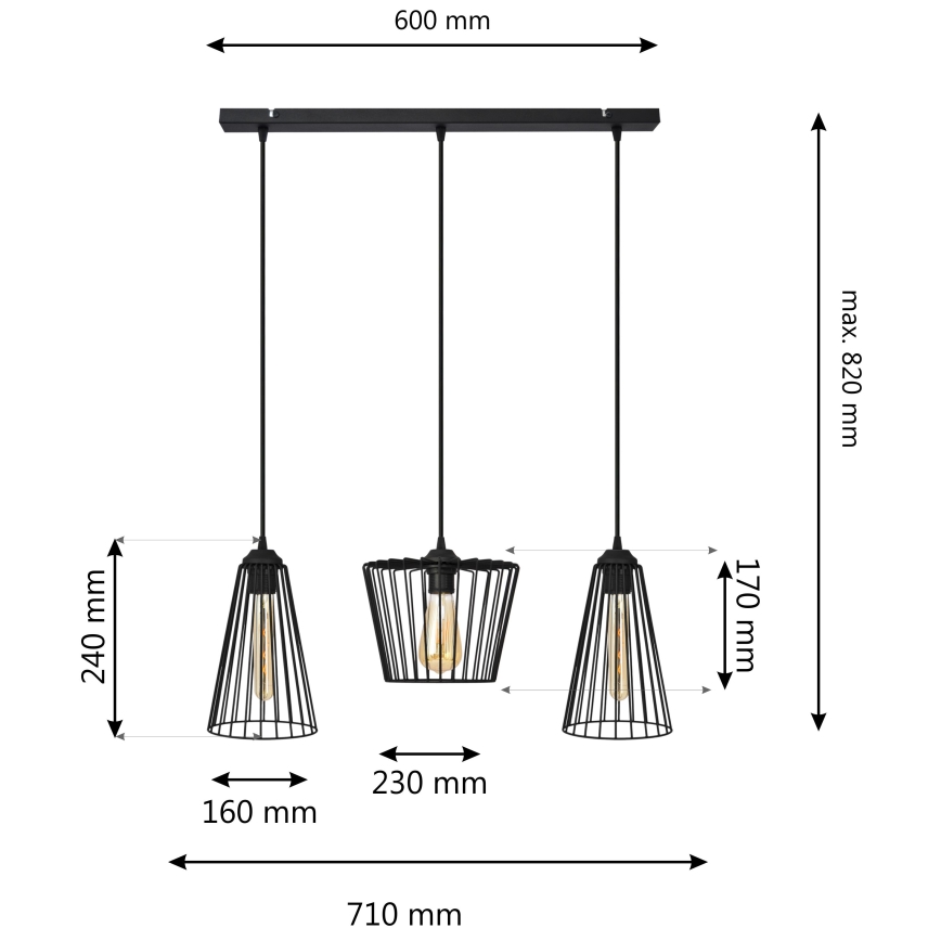 Luster na lanku TORRI 3xE27/15W/230V čierna