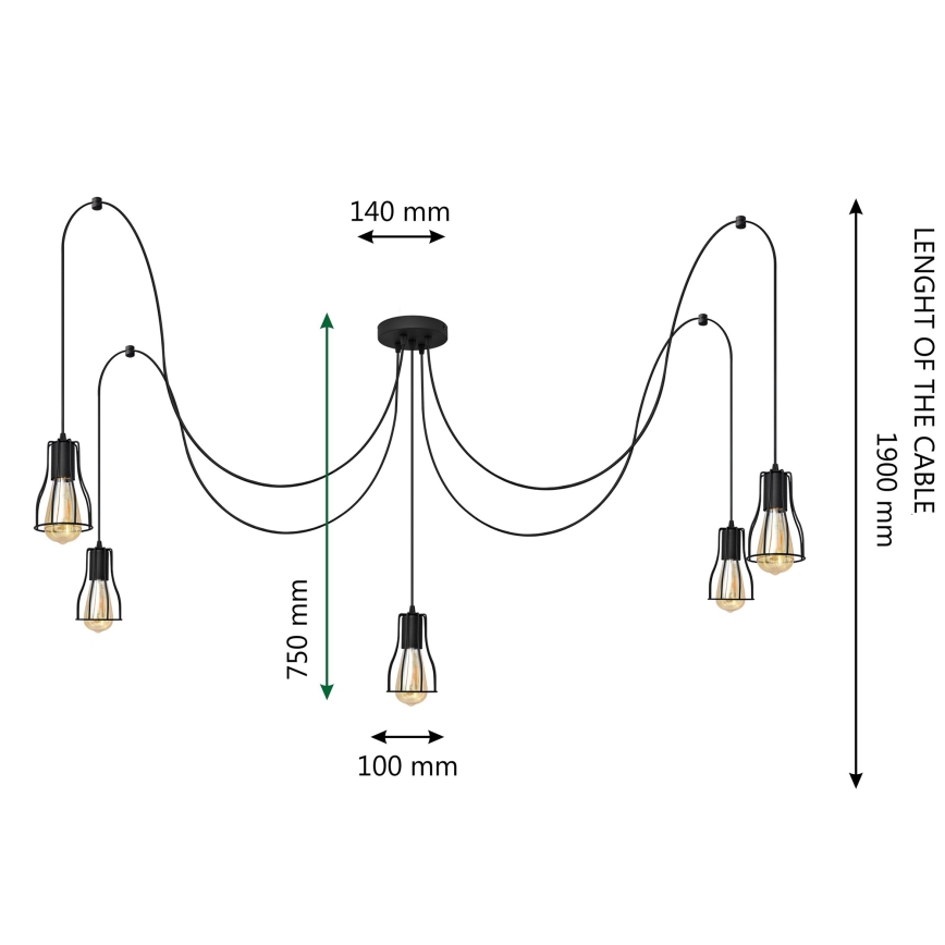 Luster na lanku TUBE 5xE27/15W/230V pavúk čierna