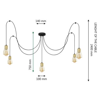 Luster na lanku TUBE LONG 5xE27/15W/230V čierna/zlatá