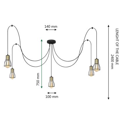 Luster na lanku TUBE LONG 5xE27/15W/230V čierna/zlatá