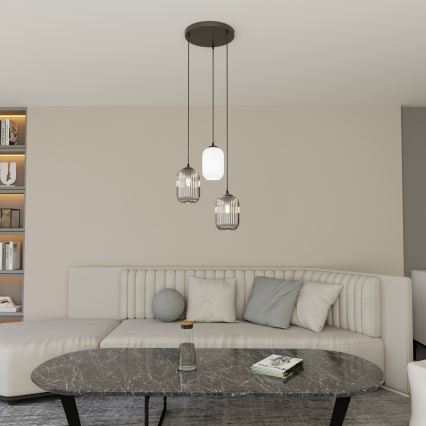 Luster na lanku VERDI 3xE27/15W/230V pr. 30 cm čierna/šedá/biela