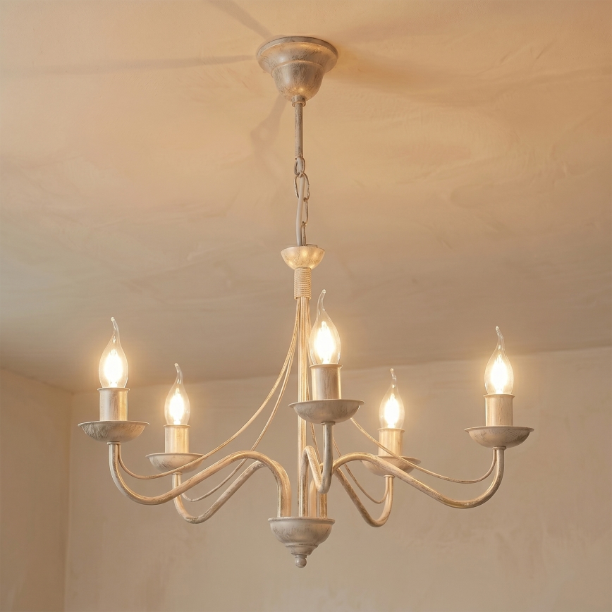 Luster na reťazi ANTON 5xE14/60W/230V biela patina