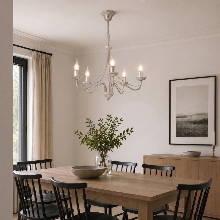 Luster na reťazi ANTON 5xE14/60W/230V biela patina