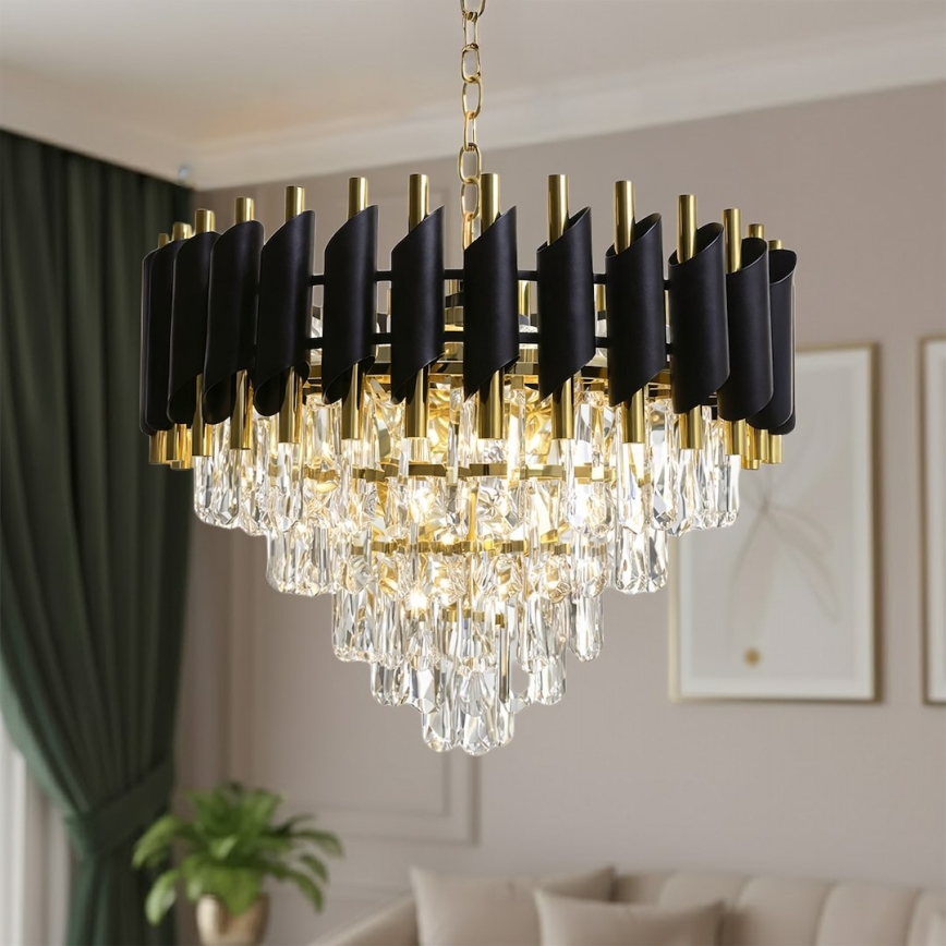 Luster na reťazi CRISTAL 7xE14/10W/230V čierna/zlatá