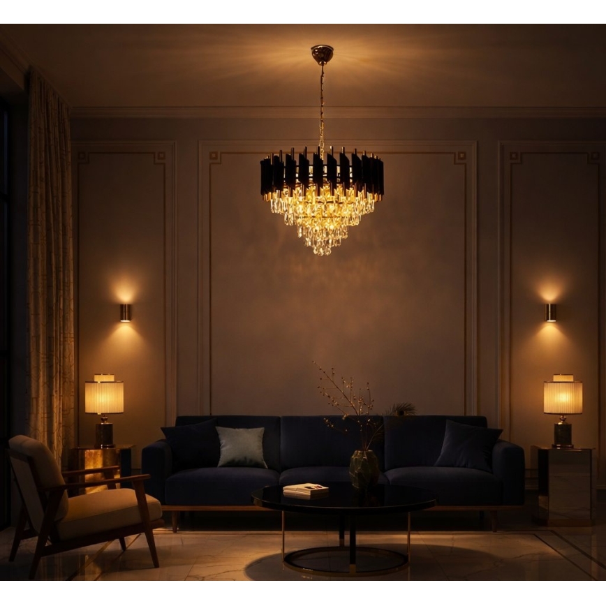 Luster na reťazi CRISTAL 7xE14/10W/230V čierna/zlatá