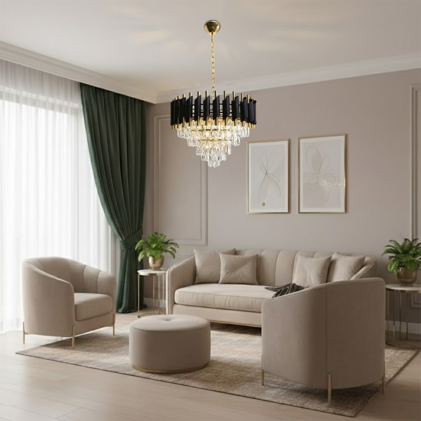 Luster na reťazi CRISTAL 7xE14/10W/230V čierna/zlatá