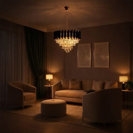 Luster na reťazi CRISTAL 7xE14/10W/230V čierna/zlatá
