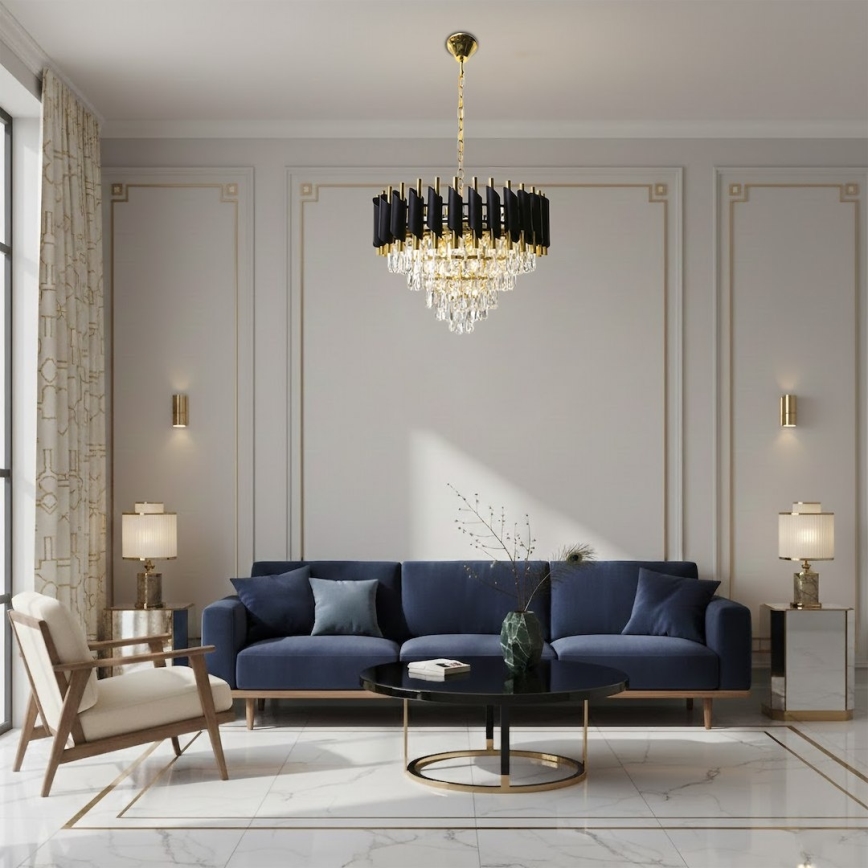 Luster na reťazi CRISTAL 7xE14/10W/230V čierna/zlatá